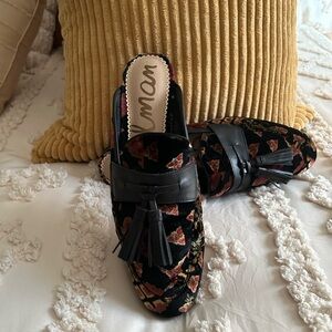 Sam Edelman Black Velvet Floral Tassel Backless Mules
